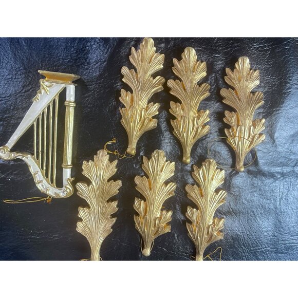 7 Gold Leaf & Harp Christmas Ornaments Victorian Style Tree 6" - Picture 8 of 9